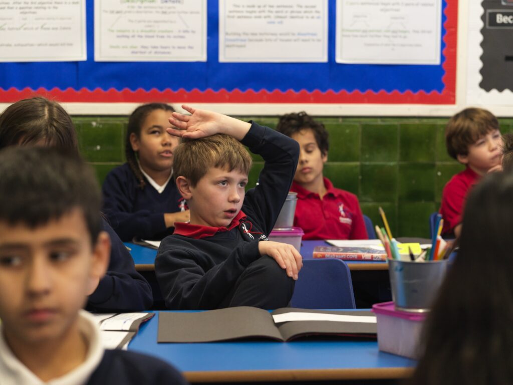 Boy raising his hand in class